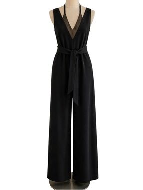 123 Paris bod conscious jumpsuit with bronze inlay. Side pockets, deep V back.